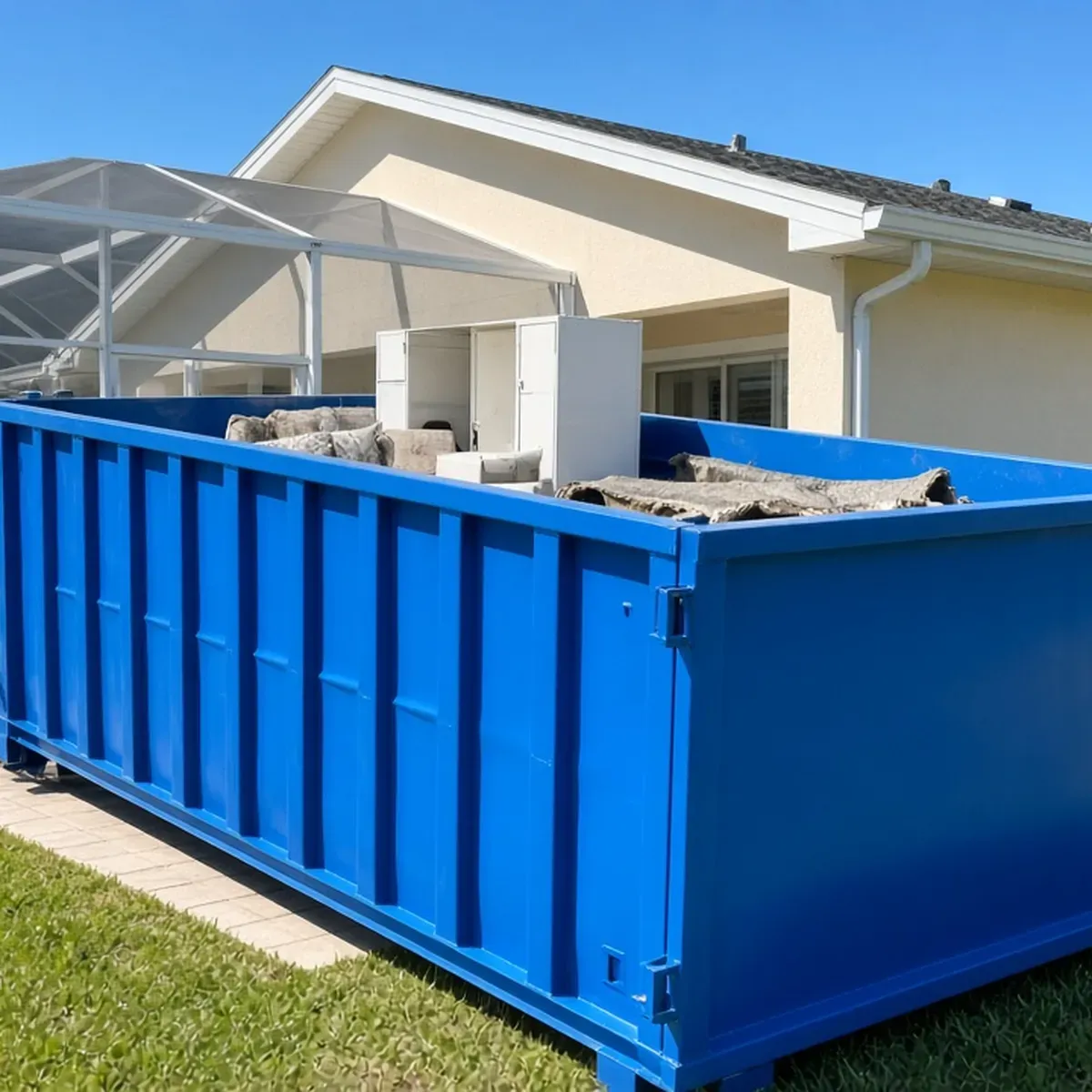 Tall blue roll-off dumpster on a lawn beside a house with a screened lanai, holding furniture and carpet
