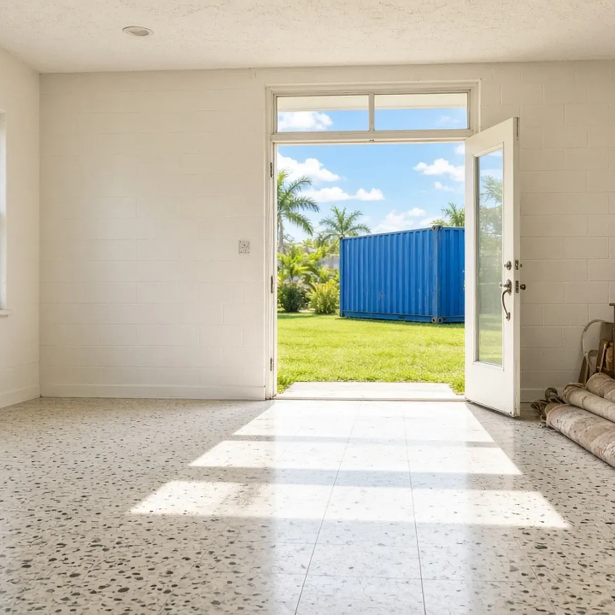 Empty cleared room with an open door and a blue dumpster on the lawn outside