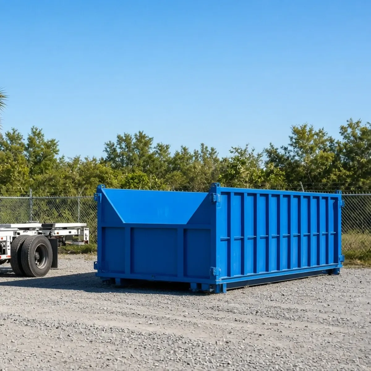 Blue roll-off dumpster on a gravel lot beside a chain-link fence