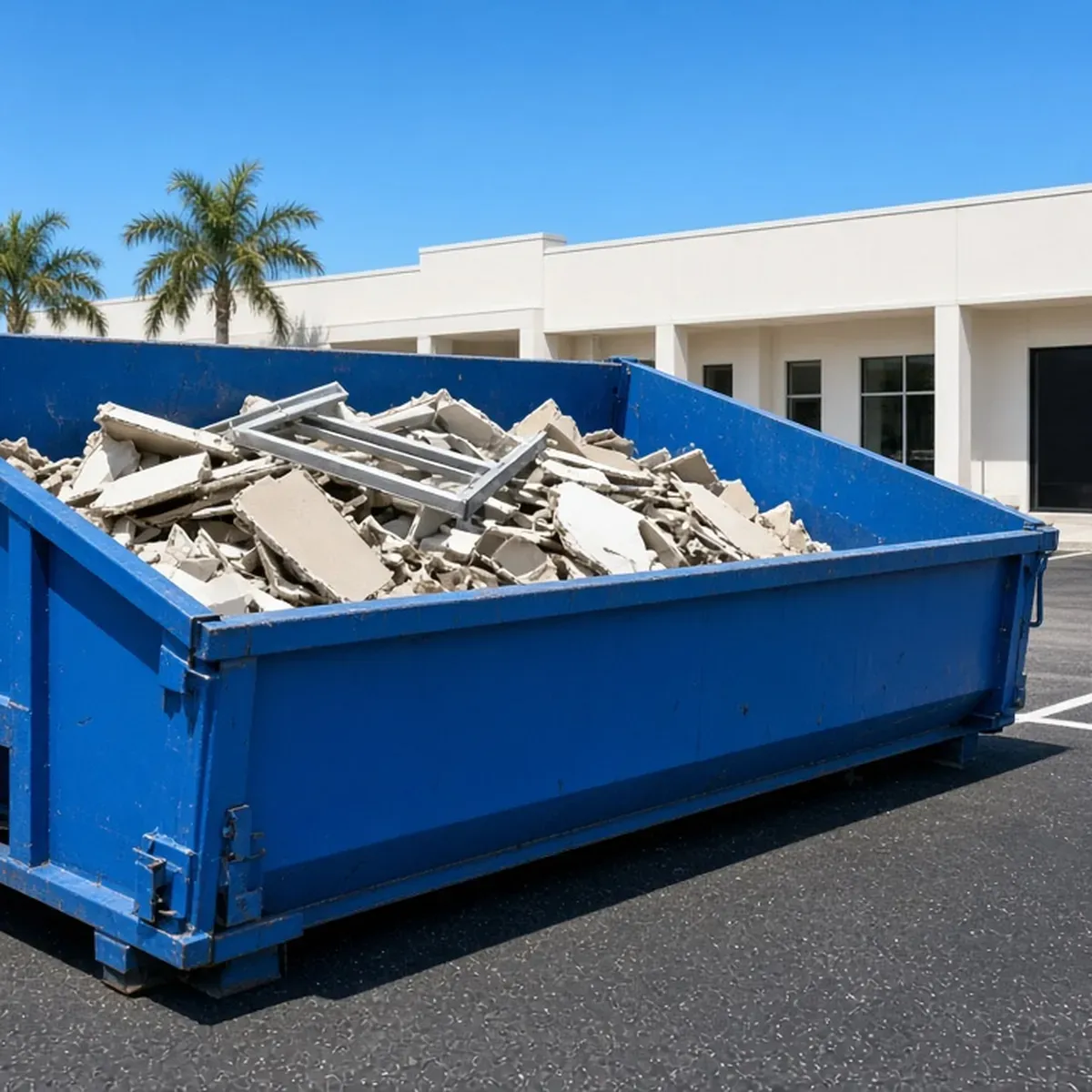 Blue dumpster full of broken drywall and metal in a parking lot beside a white commercial building