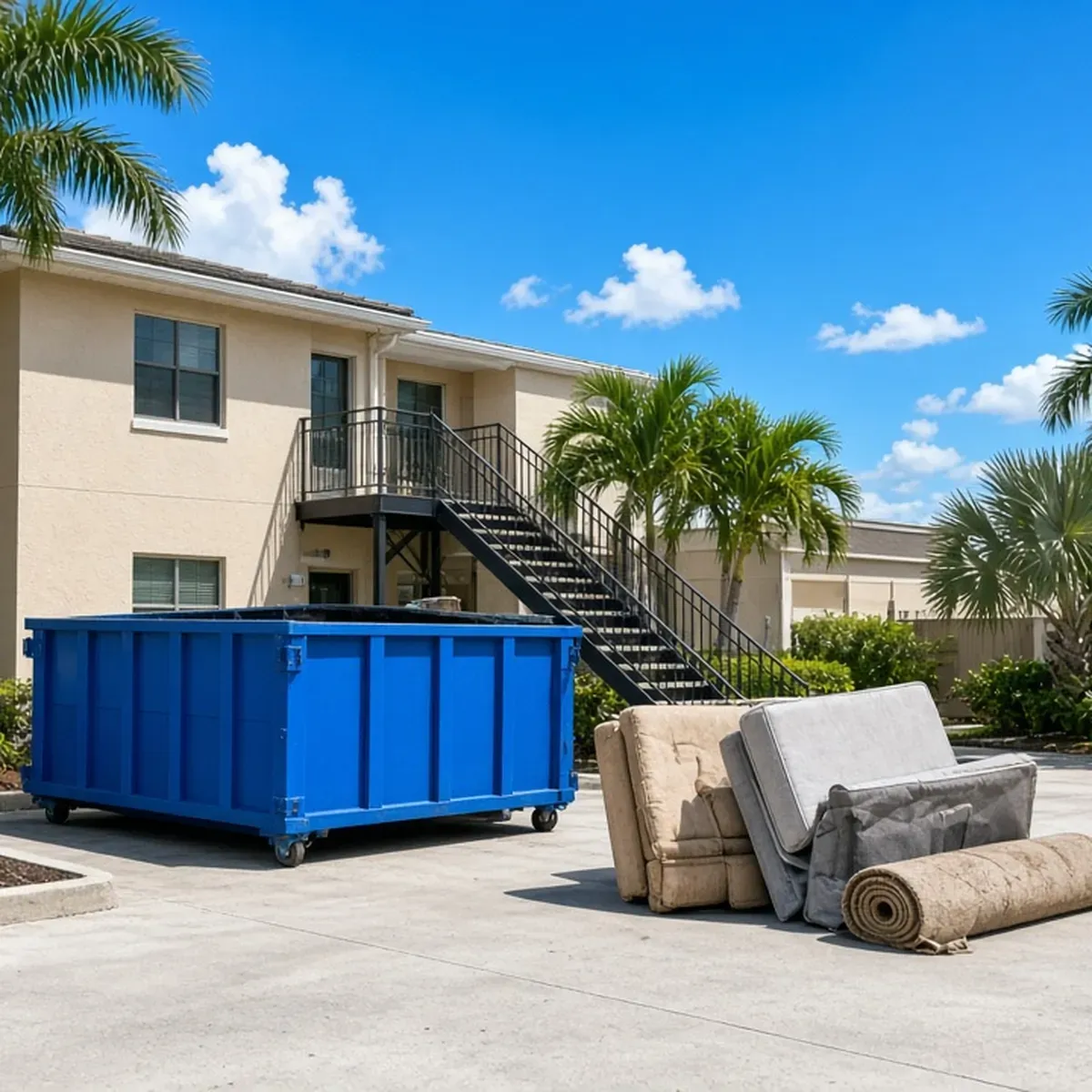 Blue dumpster behind a two-story apartment building beside an old couch, mattress and rolled carpet