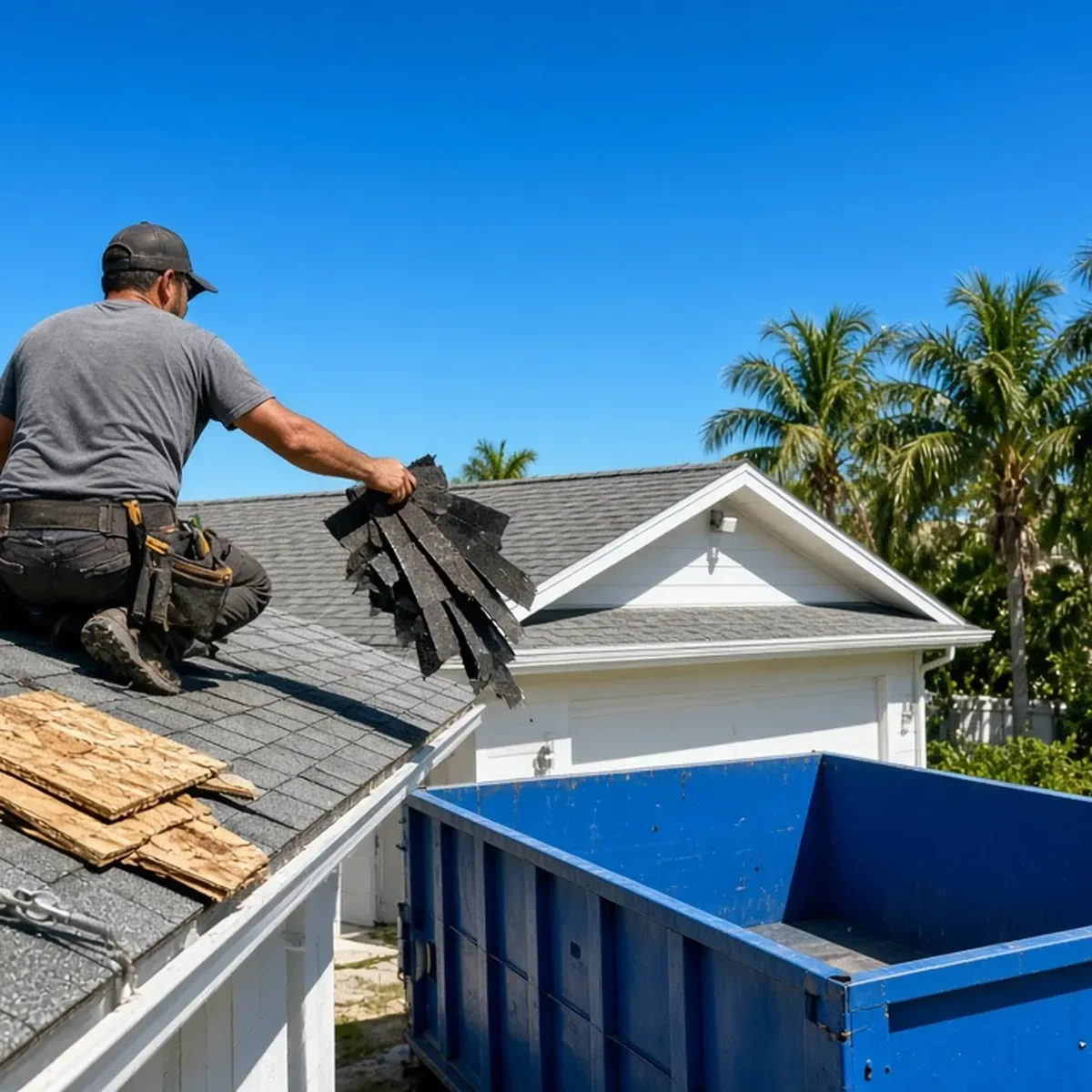 Roofer on a shingled roof tossing old shingles toward a blue dumpster below