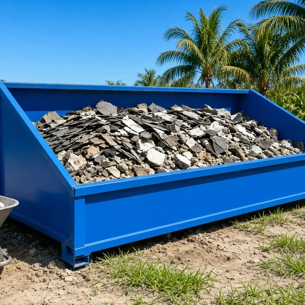 Blue dumpster heaped to the rim with broken concrete and roofing shingles on a dirt lot