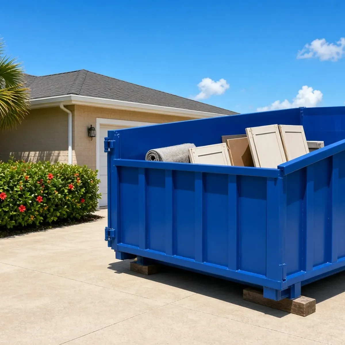 Blue roll-off dumpster in a driveway beside a house, loaded with cabinet panels and a rolled rug