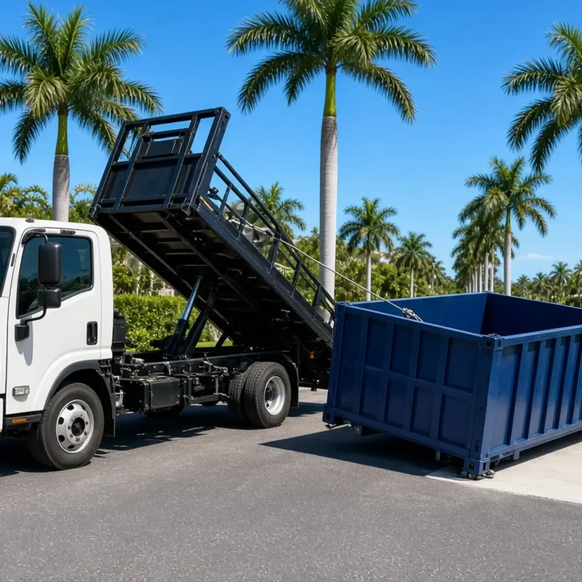 White roll-off truck with a raised tilt bed setting a blue dumpster down on a palm-lined street