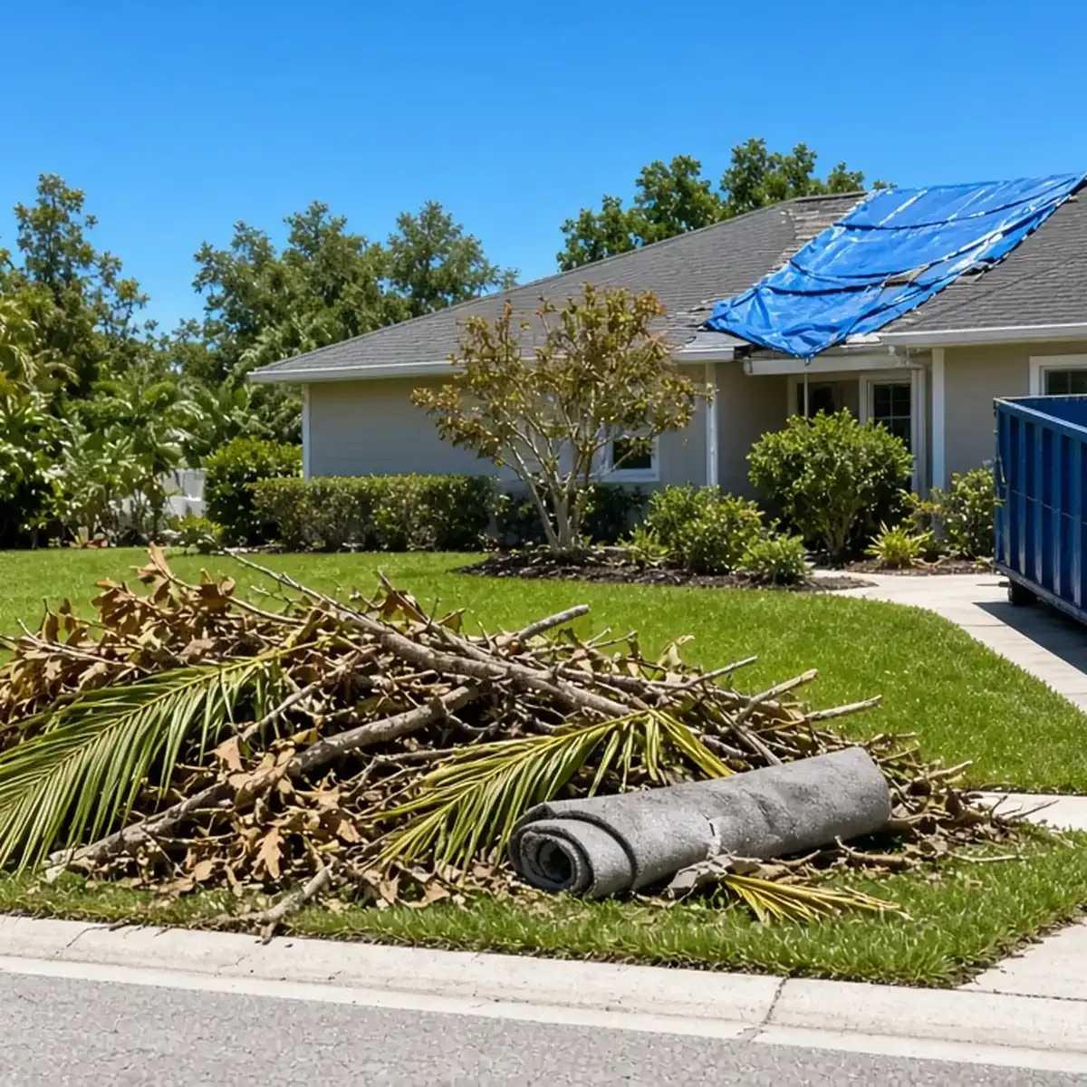 Pile of palm fronds and branches on a lawn, a blue tarp on the roof of the house behind and a dumpster at the edge
