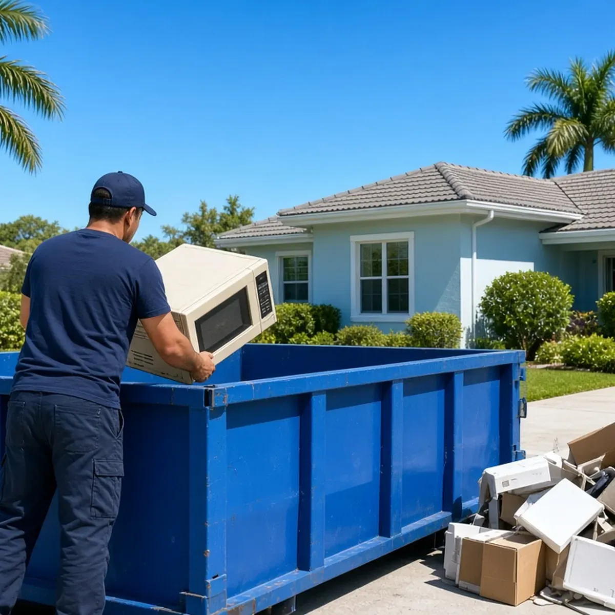 Man in a navy cap lifting a microwave into a blue dumpster with boxes of electronics on the ground