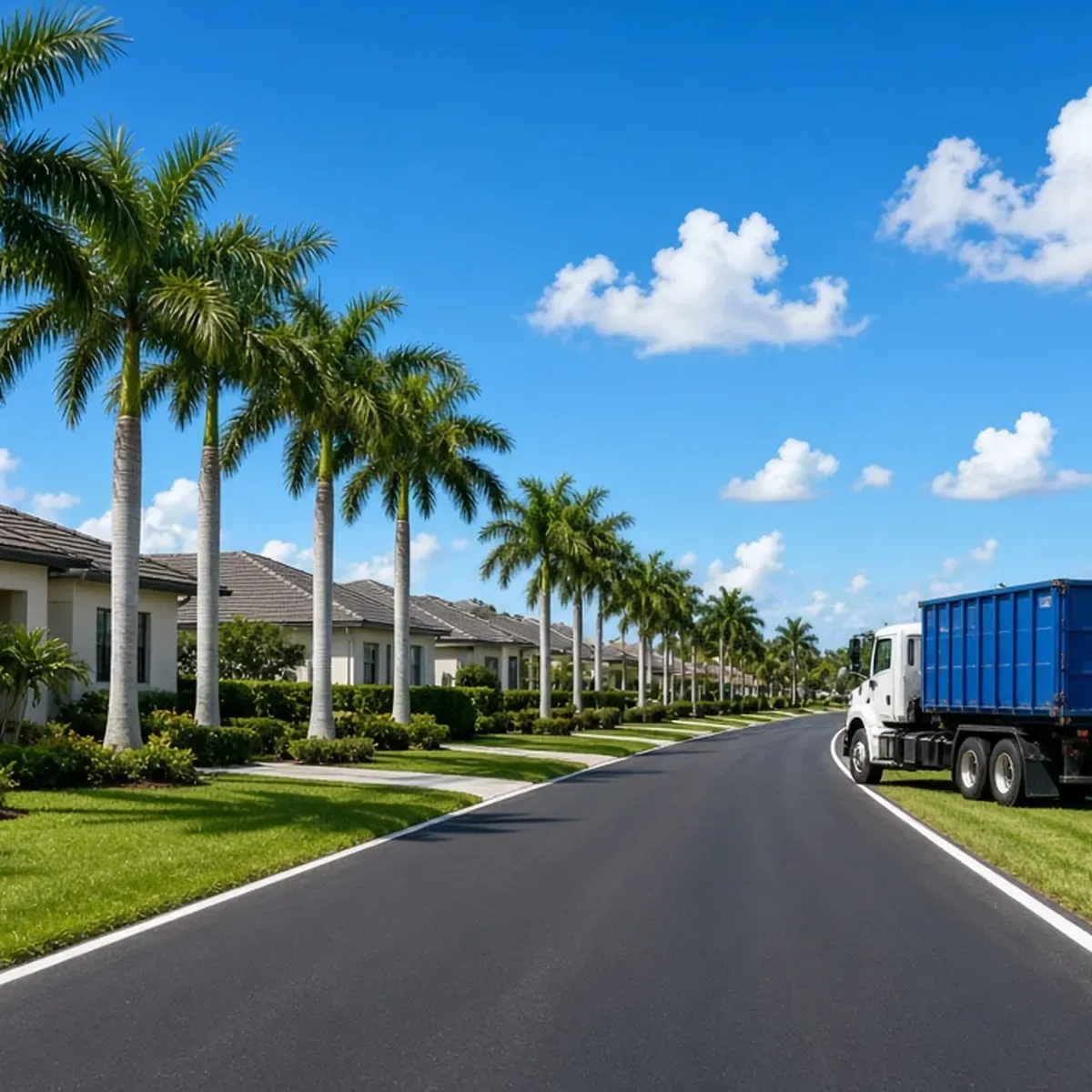 Palm-lined residential street with a roll-off truck carrying a blue container in the distance