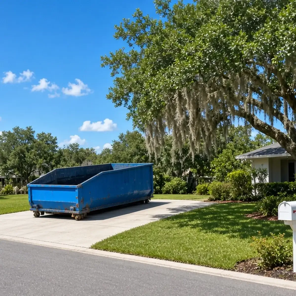 Blue dumpster on a driveway under a live oak with Spanish moss, beside a mailbox
