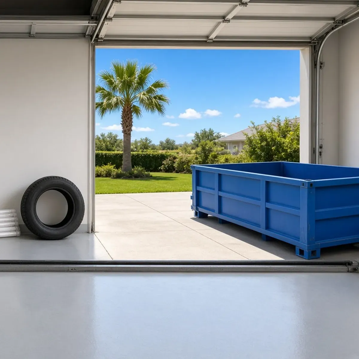 Open garage with a tire inside and a blue dumpster on the driveway outside