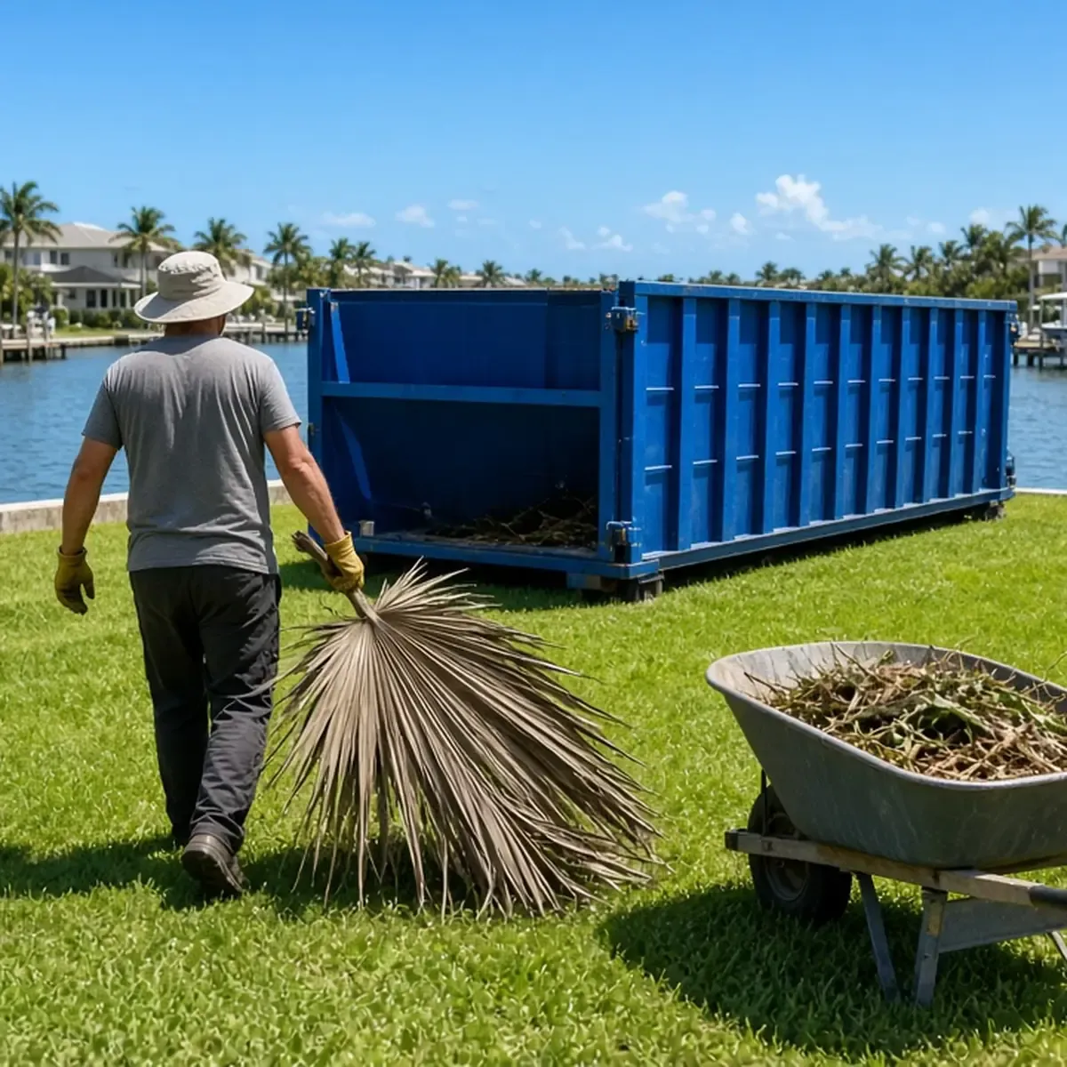 Man in a sun hat carrying a palm frond across a waterfront lawn toward a blue dumpster, with a wheelbarrow of cuttings